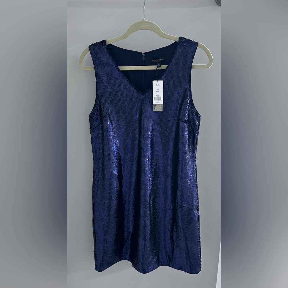 Brand new, with tags Banana Republic blue sequin dress, size 10 petit.